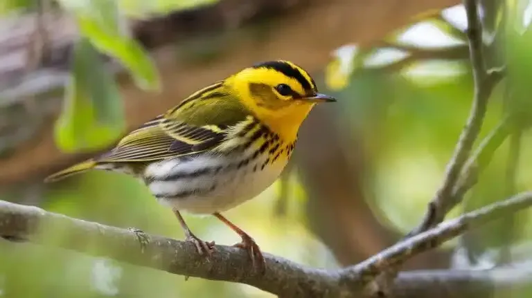 Yellow and black bird perched on a branch in a leafy forest setting