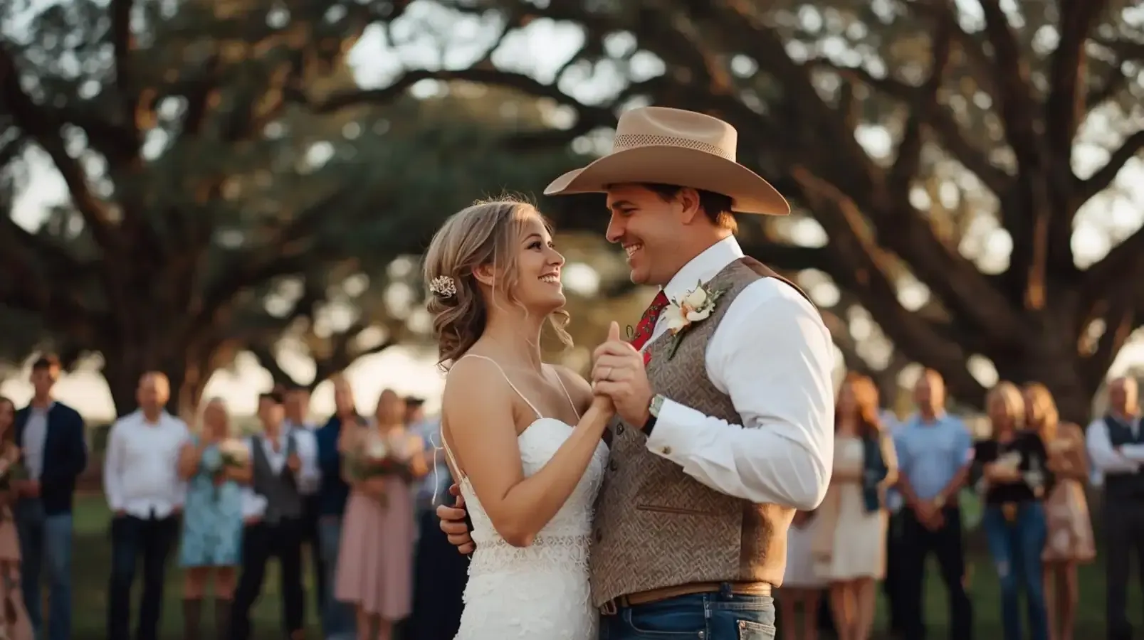 Smiling couple dancing outdoors at a lively event, with people gathered in the background