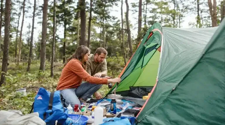 Two campers fixing a green tent beside supplies in a pine forest campsite