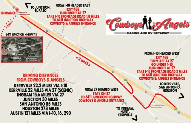 Map with red route to Cowboy Angels from Austin, San Antonio and surrounding roads