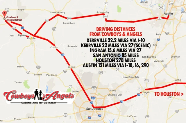 Map-style route graphic for Cowboys & Angels, listing Texas cities and driving distances from Austin to Houston and others