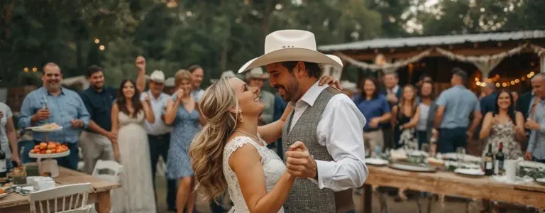 Couple dancing at an outdoor reception, with guests and string lights in the background.