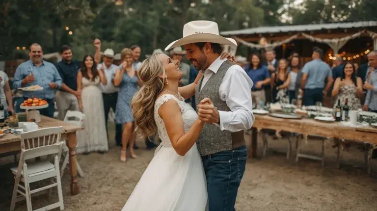 Bride and cowboy-hatted partner slow dance outdoors at a rustic wedding reception with guests watching.