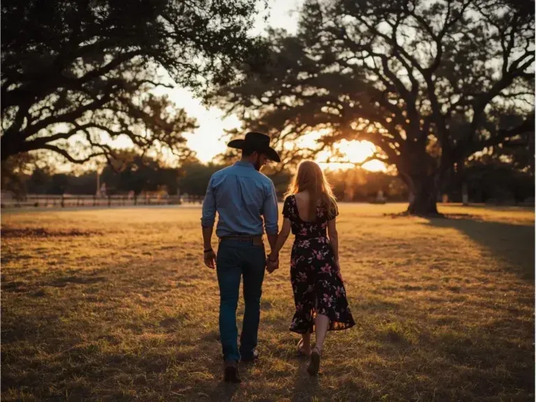 Two people walking hand in hand through a grassy field at sunset beneath large trees