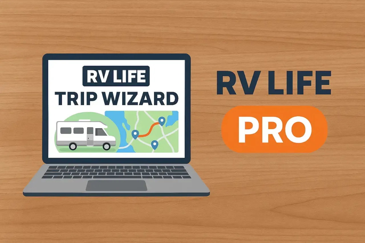 Laptop screen showing “RV Life Trip Wizard” beside “RV LIFE PRO” logo on a wood background