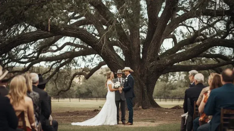 Wedding ceremony under a large tree with bride, groom, and guests seated nearby