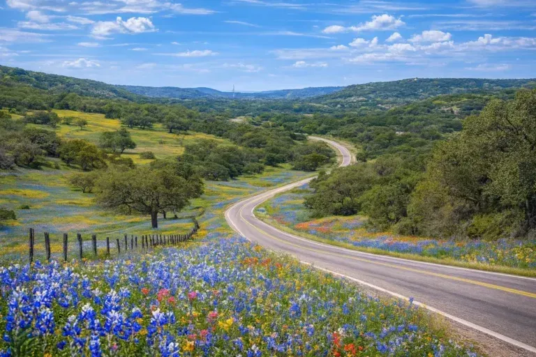Winding country road through green hills and blue wildflowers under a bright sky