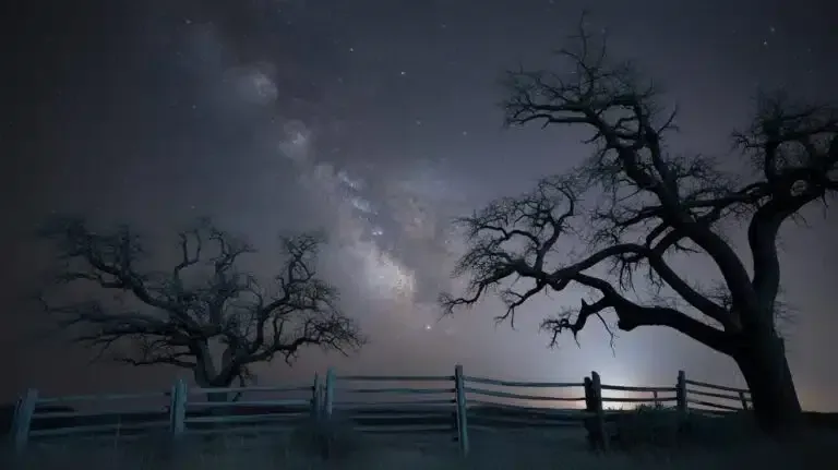 Moonlit barren trees and a white fence under a cloudy night sky.