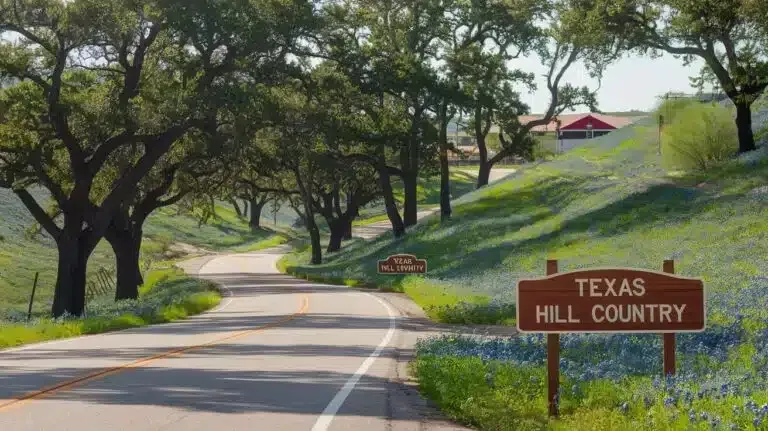 Winding road through green hills with trees and a sign reading “Texas Hill Country”
