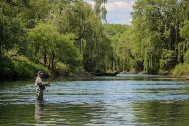 Angler wading in a calm, tree-lined river, casting a fishing line
