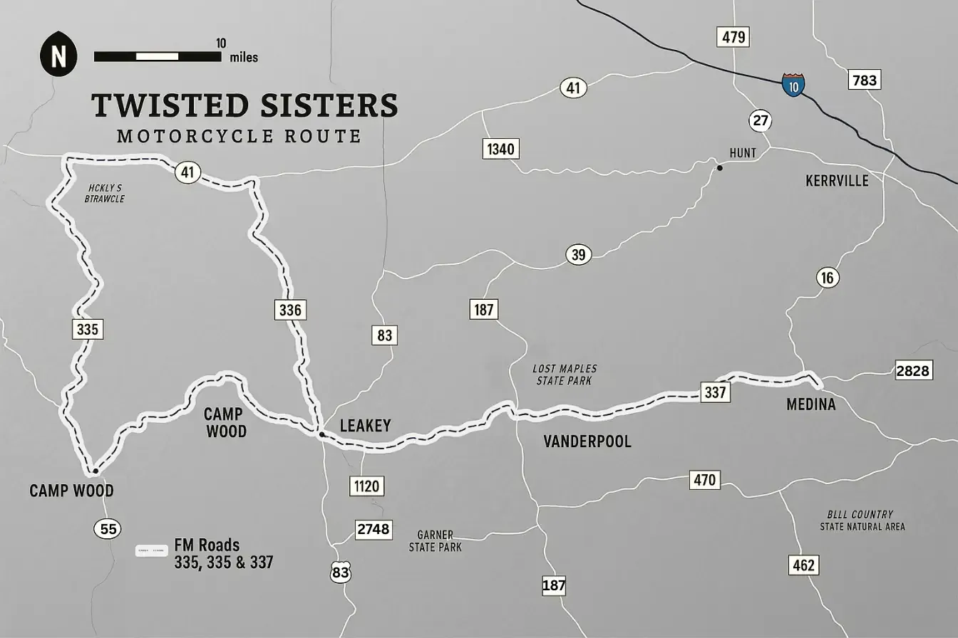 Twisted Sisters motorcycle route map with winding roads, towns, and mileage markers on a gray background