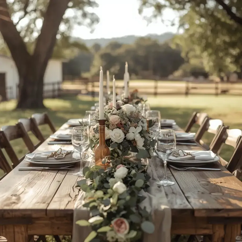 Rustic outdoor dining table with white floral centerpiece and candles under trees, set for a garden event
