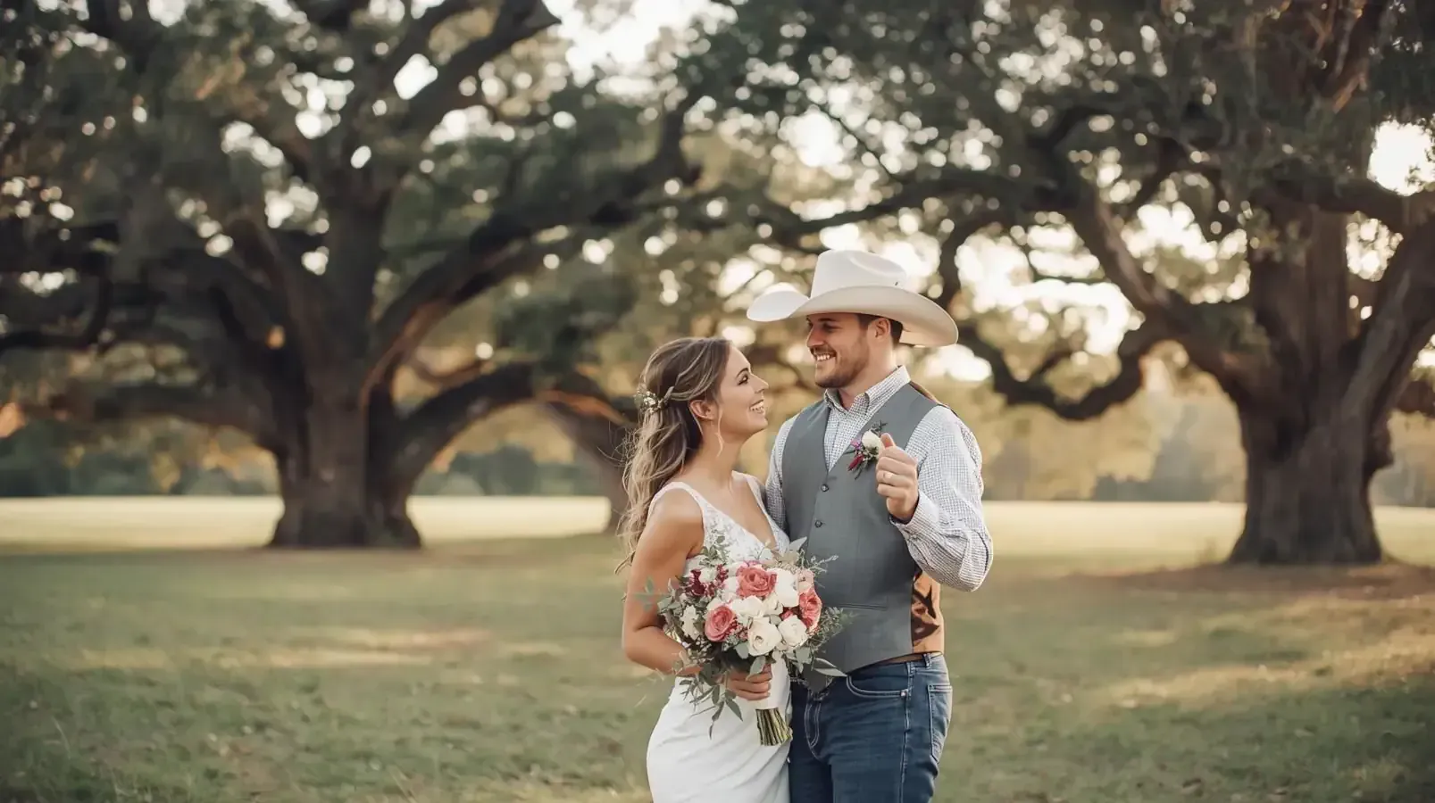 Couple in wedding attire standing in a grassy orchard, holding a bouquet and touching foreheads.
