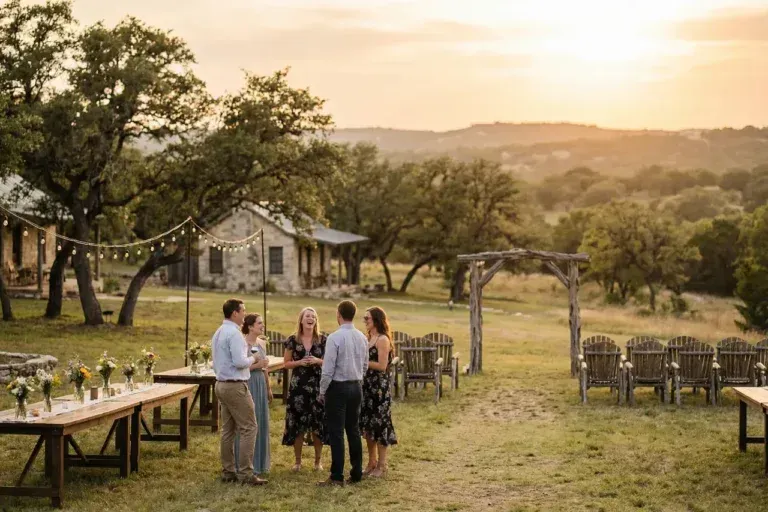 People mingling at an outdoor rustic wedding reception at sunset, with tables, chairs, and a small house in the background