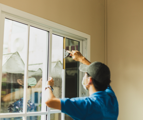 Worker using a scraper to clean a window inside a home, seen through a beige wall opening