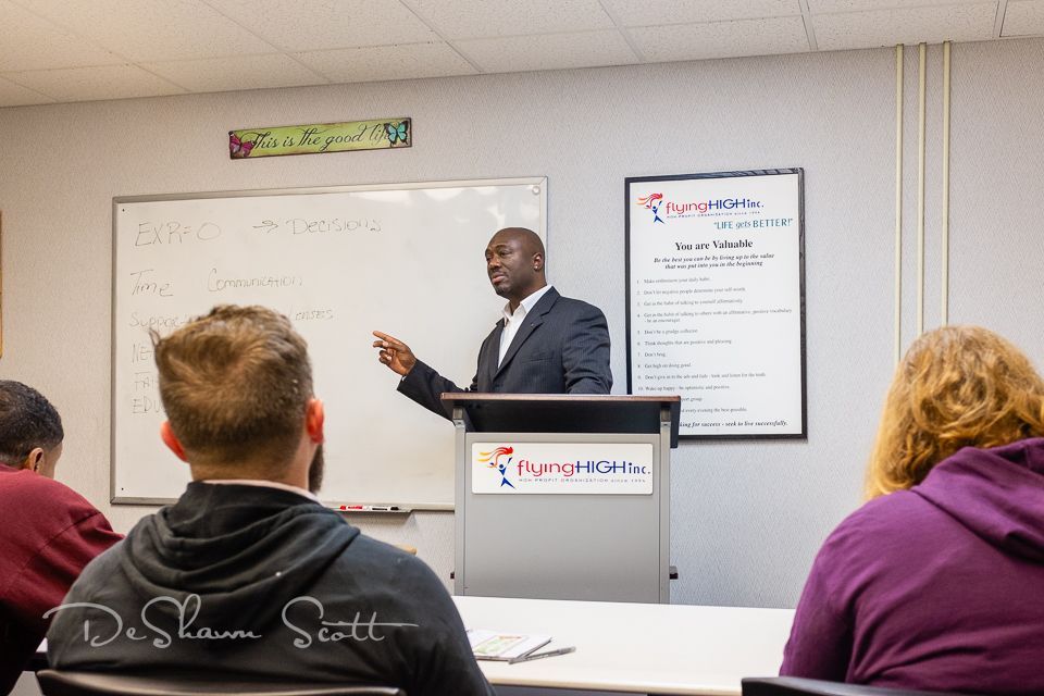 DeShawn Scott, speaking on lived experiences at Flying High Inc.