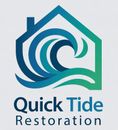 Logo for Quick Tide Restoration: House-shaped outline with an ocean wave in shades of blue and green.