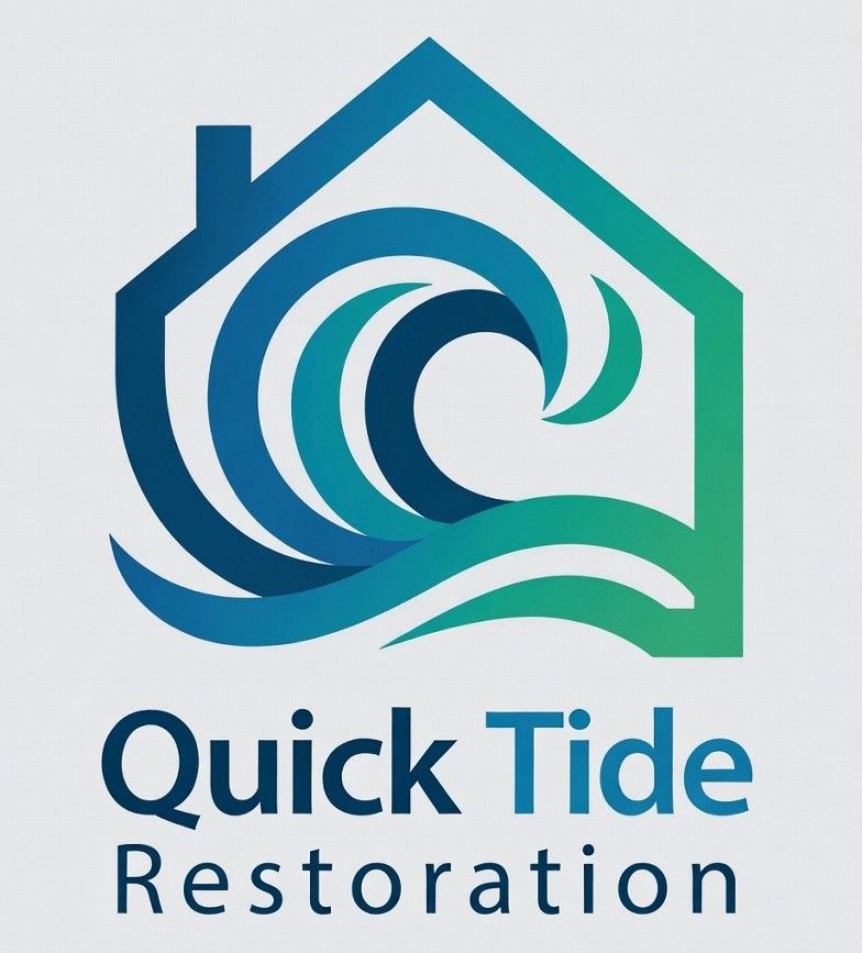 Logo for Quick Tide Restoration: House-shaped outline with an ocean wave in shades of blue and green.