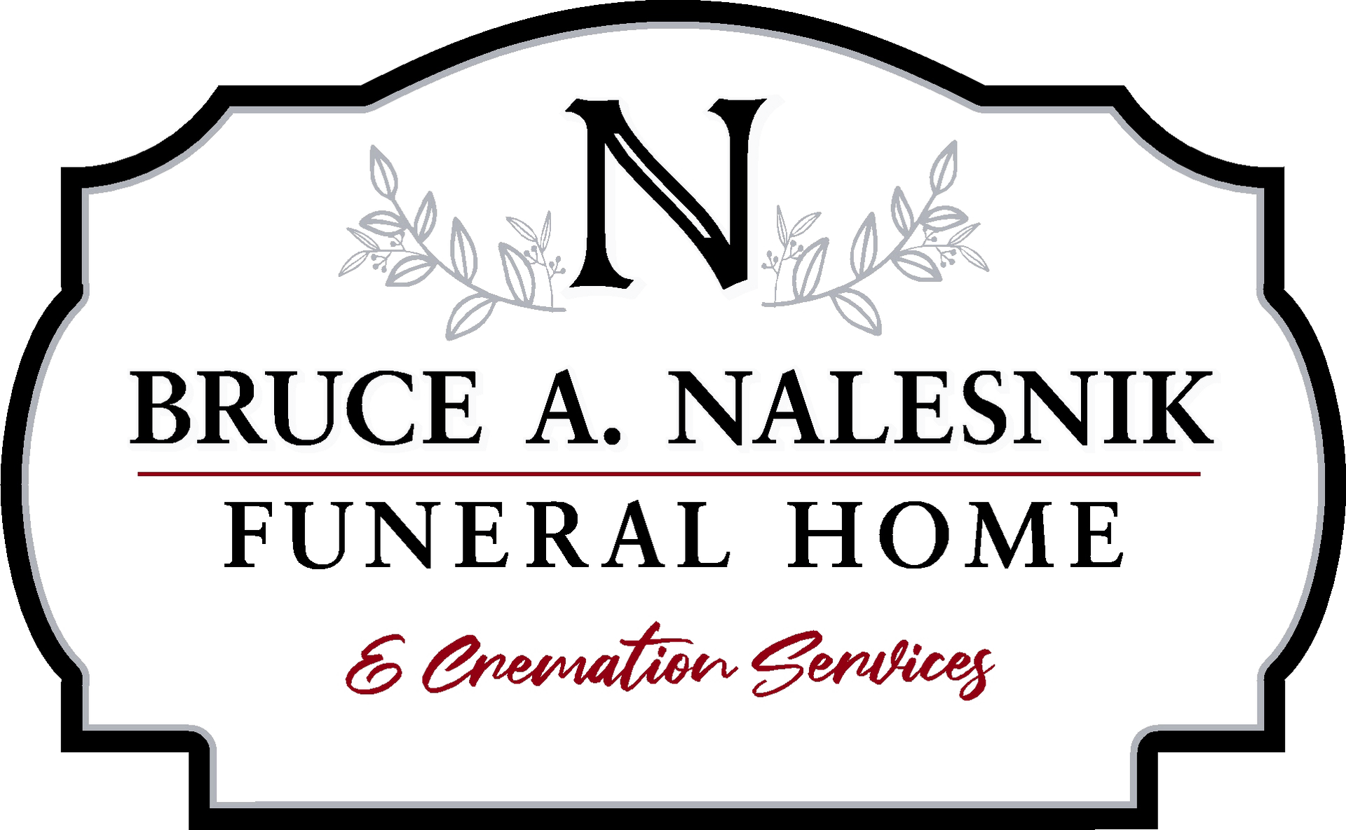 Logo for Bruce A. Nalesnik Funeral Home. Features a black "N" with floral accents and text on a white background.