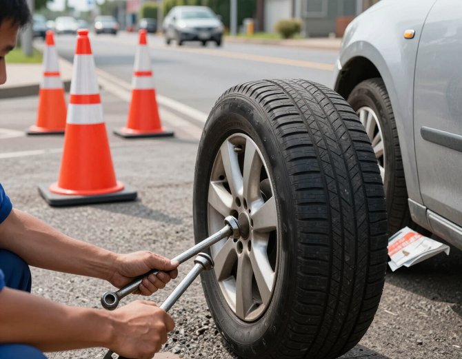 Tire being changed on the roadside with safety equipment nearby.