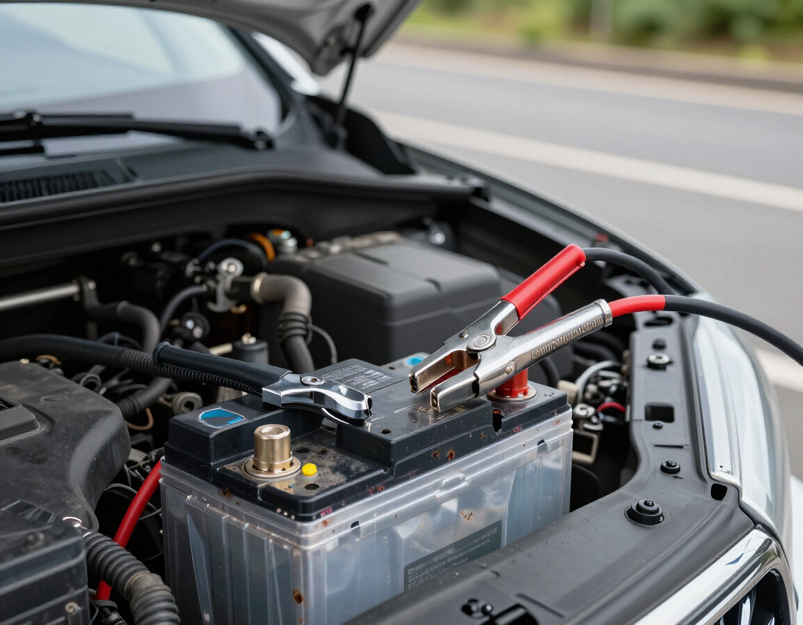 A car battery in an open engine bay with a red-handled jumper cable clamp attached to the positive terminal.