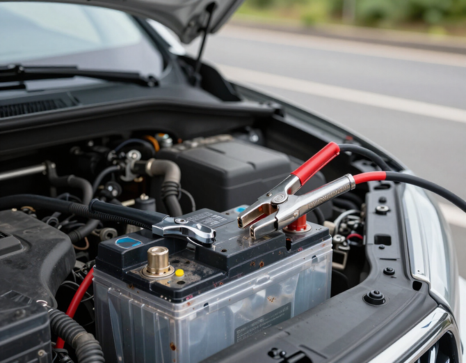 Car battery being jump-started with cables connected under the hood.