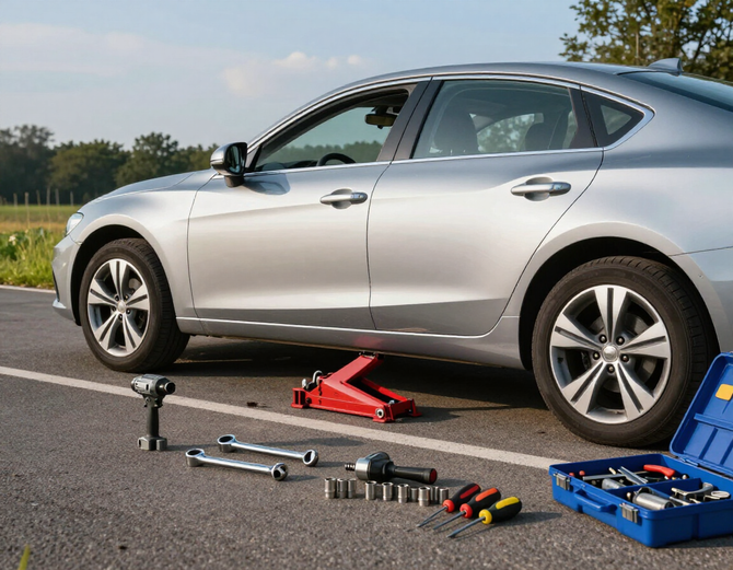 Car lifted on a jack during a roadside repair service.