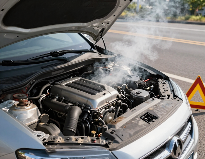 Car engine smoking under the hood during a roadside emergency.