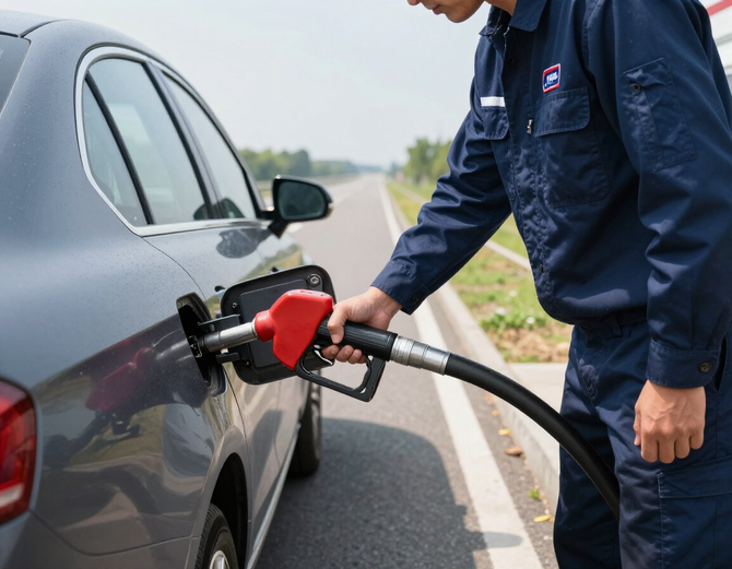 Fuel being poured into a car at the roadside.