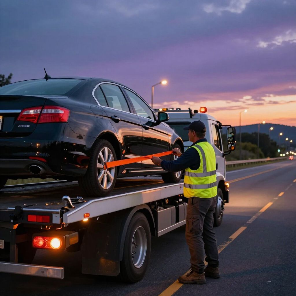 Tow truck operator securing a black car on the flatbed, roadside at dusk.