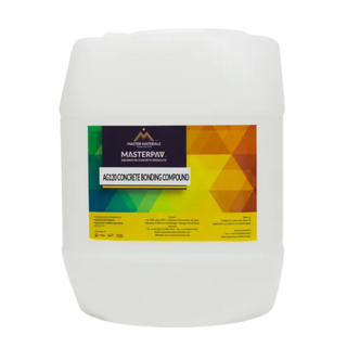 White container of Masterpave acrylic concrete bonding compound with a colorful label.
