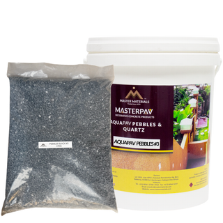 Bag of black pebbles next to a bucket labeled 
