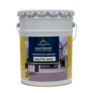 White bucket of MasterPave Concrete Sealer, Matte AS23, with yellow and blue label, handle.
