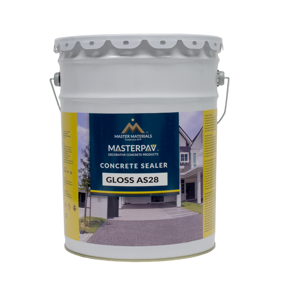 Bucket of Masterpave concrete sealer with a gloss finish, AS28, in a yard setting.