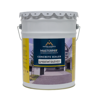 Bucket of Masterpave concrete sealer with label, featuring a house and driveway.