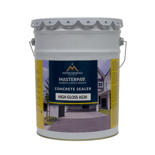 A bucket of Masterpave high-gloss concrete sealer.