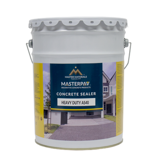 White bucket of MasterPave concrete sealer. Contains a house image and product details: 
