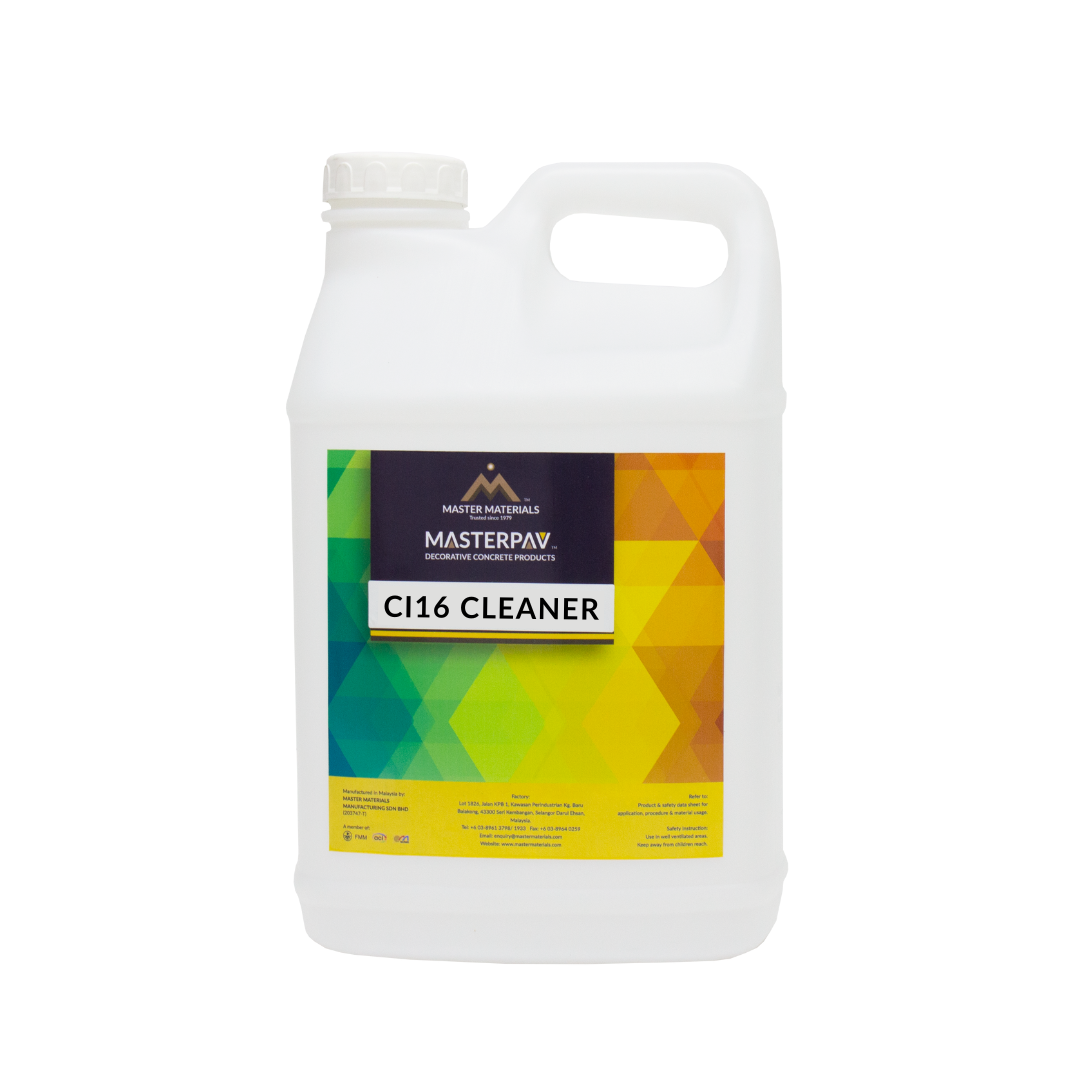 White bottle of Masterpay CI16 Cleaner, with a colorful label.