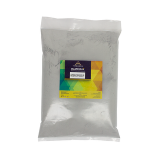 A sealed bag of gray powder with a colorful product label attached.