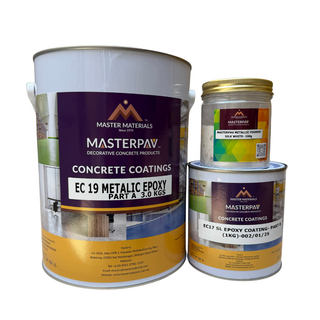 Metal epoxy concrete coating kit, multiple containers, white and gold labels.
