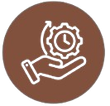 Hand holding a gear and clock with a circular arrow, brown background.