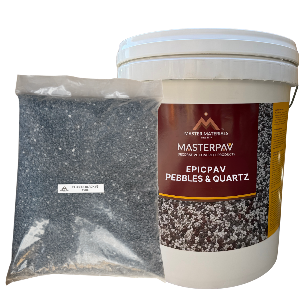 Masterpave pebbles and quartz product: bag of pebbles and a bucket. The label is visible on the bucket.