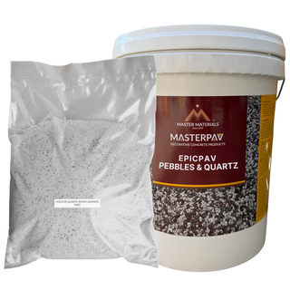 MasterPave EpicPav Pebbles & Quartz product: bucket and bag of aggregate.