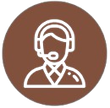 Brown circle with white outline of person wearing headset.