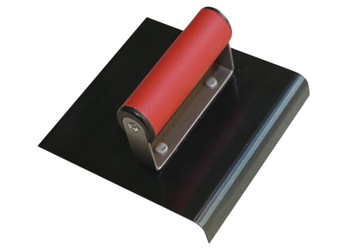 Black steel concrete edger with a red handle.