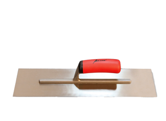 Drywall trowel with red handle.