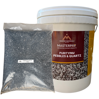 Bucket of Masterpave Puritypav pebbles & quartz with a bag of pebbles.