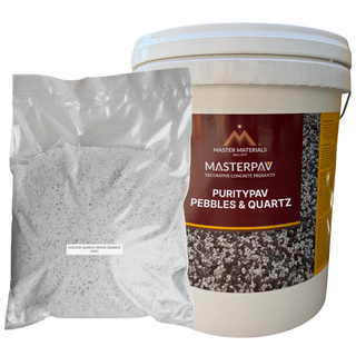 Masterpav pebbles and quartz mix with a bucket and a bag of gravel, for decorative concrete paving.