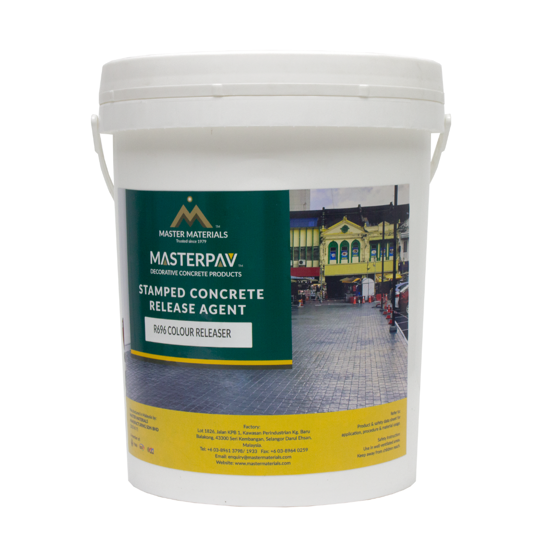 White bucket of Masterpav stamped concrete release agent.