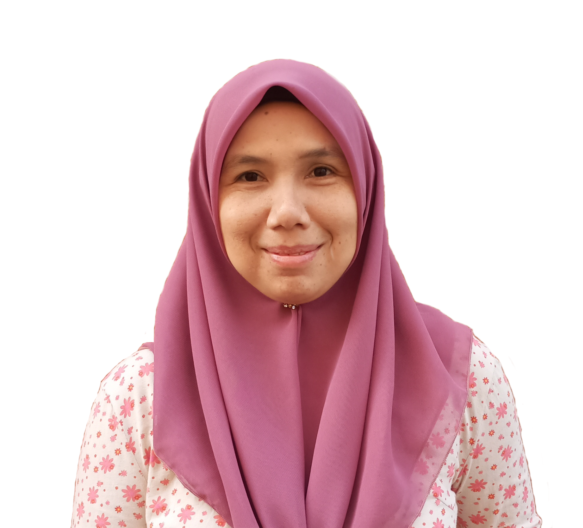 Woman in pink hijab smiling, wearing a floral-patterned shirt, against a white background.